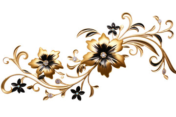 A pattern of intertwined golden and black vines with blooming flowers intricately designed isolated on white background