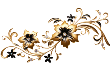 A pattern of intertwined golden and black vines with blooming flowers intricately designed isolated on white background