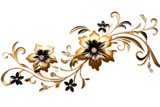 A pattern of intertwined golden and black vines with blooming flowers intricately designed isolated on white background - Powered by Adobe