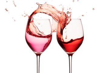 A pair of wine glasses clinking together in celebration, one with a vibrant sparkling wine and the other with a deep, isolated on white background