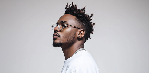 Obraz premium Stylish African American man in white oversized t-shirt and silver glasses posing for fashion photoshoot. Minimalistic aesthetic with soft lighting, clean background