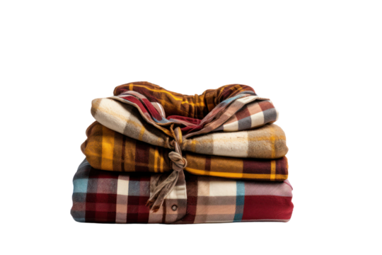 A pair of rolled-up sleeves on a flannel shirt with a mix of earthy tones, displayed flat with visible details of the pattern isolated on white background