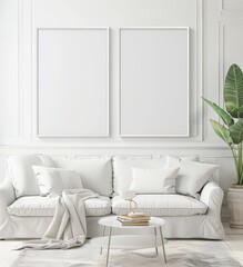 Two blank vertical picture frames on a white wall above a white sofa with a throw blanket and a coffee table in a living room interior