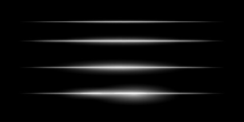 Obraz premium Horizontal light streaks set. Thin glowing lines, white illumination, futuristic light effects, abstract design, minimal glow, decorative elements, smooth gradients, modern visuals
