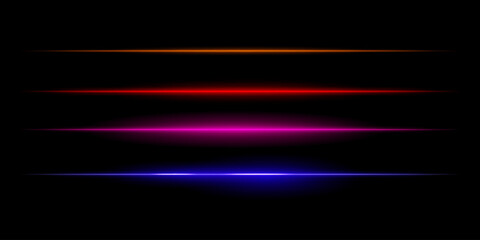 Horizontal colorful light streaks set. Thin glowing lines, white illumination, futuristic light effects, abstract design, minimal glow, decorative elements, smooth gradients, modern visuals