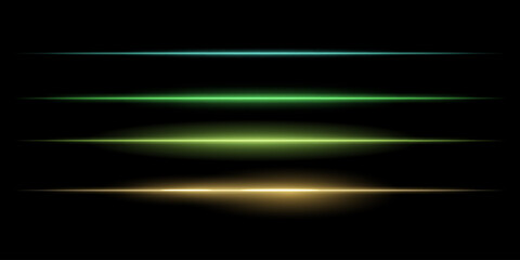 Horizontal colorful light streaks set. Thin glowing lines, white illumination, futuristic light effects, abstract design, minimal glow, decorative elements, smooth gradients, modern visuals
