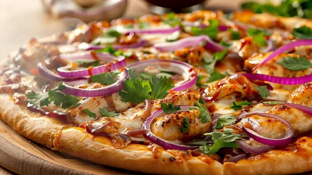 Delicious pizza with grilled chicken, red onion, and fresh herbs on savory crust, creating mouthwatering meal that�s perfect for sharing or enjoying alone!