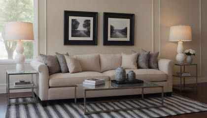 A modern living room with a sofa against a soft colour wall featuring vertical poster frames in wooden frame borders 3d illustration template.