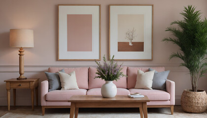 Naklejka premium A modern living room with a pink fabric sofa against a soft colour wall featuring vertical poster frames in wooden frame borders 3d illustration template..
