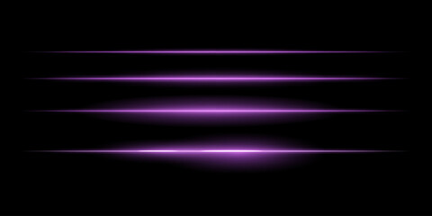 Horizontal purple light streaks set. Thin glowing lines, white illumination, futuristic light effects, abstract design, minimal glow, decorative elements, smooth gradients, modern visuals