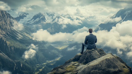 Reflection in nature unfolds as a man in a suit contemplates life atop a rugged peak, surrounded by breathtaking mountain vistas and dramatic clouds.