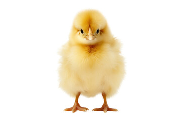 Fototapeta premium A fluffy yellow chick standing on a white surface, looking curiously at the camera, isolated on white background