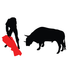 Corrida, bullfighting in Spain. Matador, bullfighter, bull fight. Spain traditional performance with matador, isolated silhouette of matador and bull , black and white drawing, white background