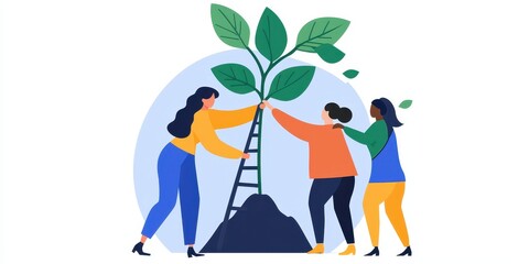 teamwork productivity team spirit. Three individuals working together to nurture a growing plant, symbolizing teamwork and environmental care.