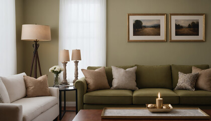 A modern living room with an olive green sofa against a soft colour wall featuring vertical poster frames in wooden frame borders 3d illustration template.