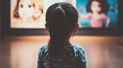 Child standing in a quiet room, deeply focused on a large picture on the wall. A clean and minimalist background highlights the child's fascination, showcasing their curiosity and concentration