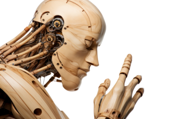 A detailed view of a wooden puppet hand and nose, showcasing the craftsmanship and joint mechanisms, isolated on white background