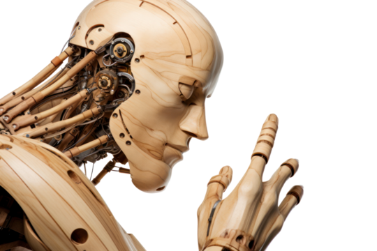 A detailed view of a wooden puppet hand and nose, showcasing the craftsmanship and joint mechanisms, isolated on white background