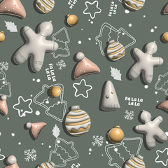Cute 3D Christmas and New Year seamless pattern
