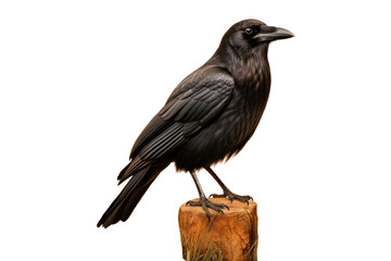 Fototapeta premium A crow standing on a patch of grass, with its sharp eyes focused forward and its feathers slightly ruffled, isolated on white background