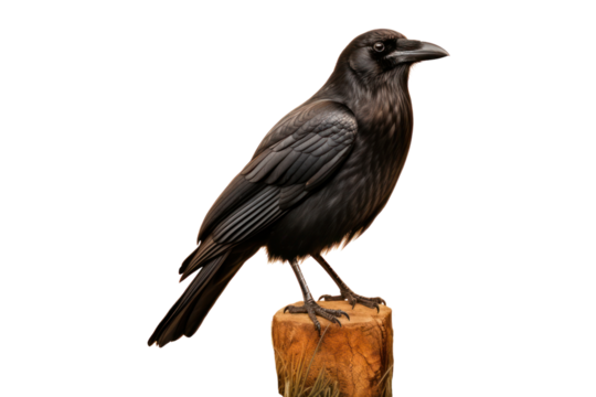 A crow standing on a patch of grass, with its sharp eyes focused forward and its feathers slightly ruffled, isolated on white background
