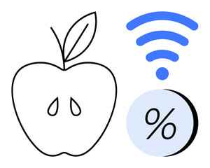 Black outline of an apple, blue wireless symbol, and blue percentage icon. Ideal for technology, nutrition, health, education, connectivity, digital learning, infographics. Line metaphor