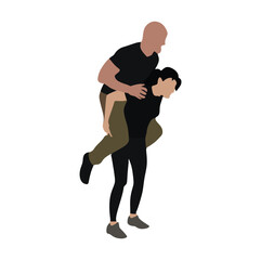 Boy carries boy on his back vector silhouette illustration isolated on white background. Funny game between friends.