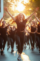 Energetic dance group performing synchronized moves