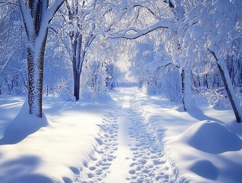 A serene winter landscape blanketed in fresh snow under a clear blue sky. - Powered by Adobe