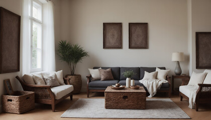 Fototapeta premium A modern living room with a sofa against a soft colour wall featuring vertical poster frames in wooden frame borders 3d illustration template.