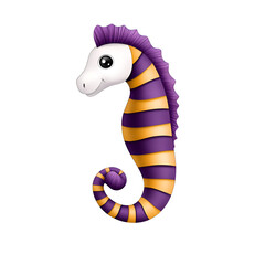 Fototapeta premium Colorful striped seahorse with purple and orange stripes showcases unique underwater life for children