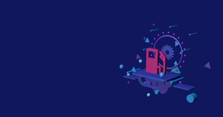 Pink gas station symbol on a pedestal of abstract geometric shapes floating in the air. Abstract concept art with flying shapes on the right. 3d illustration on indigo background