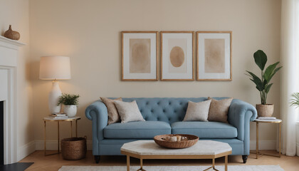 A modern living room with a light blue sofa against a soft colour wall featuring vertical poster frames in wooden frame borders 3d illustration template
