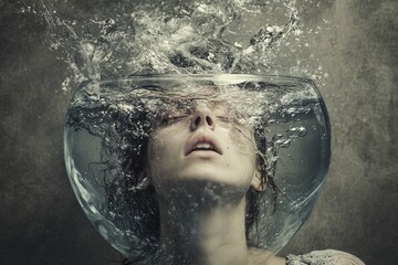 Woman breathing in fishbowl with splashing water