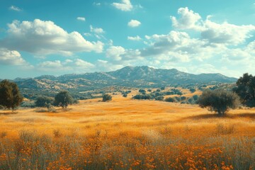 Obraz premium Golden fields of blooming flowers cover the landscape, framed by rolling mountains and a brilliant blue sky. This serene setting invites exploration and appreciation of nature