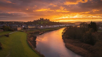 Sunset over river, town, and castle.