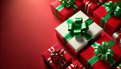 Festive Christmas-themed background featuring beautifully wrapped gift boxes and ribbons in classic holiday colors of red, green, and white. A cheerful and vibrant design.