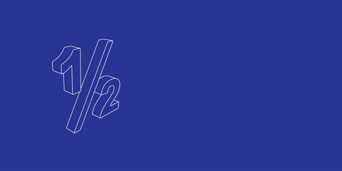 The outline of a large half fraction symbol made of white lines on the left. 3D view of the object in perspective. Vector illustration on indigo background