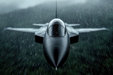 A fighter jet flies powerfully through intense rainfall, cutting through the thick clouds above a mountainous region. The scene captures the might and agility of the aircraft