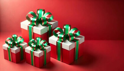 Festive Christmas-themed background featuring beautifully wrapped gift boxes and ribbons in classic holiday colors of red, green, and white. A cheerful and vibrant design.