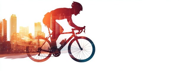 Fototapeta premium Cyclist silhouette filled with winding city roads. Biker silhouette with urban skyline background