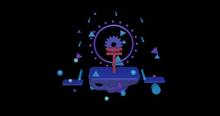 Red tenge symbol on a pedestal of abstract geometric shapes floating in the air. Abstract concept art with flying shapes in the center. 3d illustration on black background