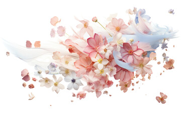 A burst of mixed flower petals in pastel tones falling in an elegant, scattered arrangement, isolated on white background