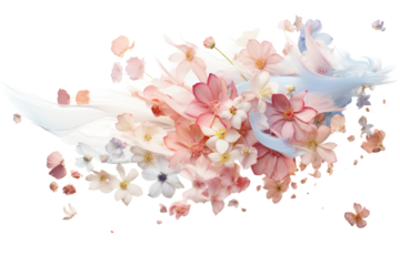 A burst of mixed flower petals in pastel tones falling in an elegant, scattered arrangement, isolated on white background