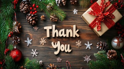 thank you card with holiday decorations on wooden background