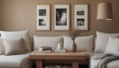 Fototapeta premium A modern living room with a sofa against a soft colour wall featuring vertical poster frames in wooden frame borders 3d illustration template.