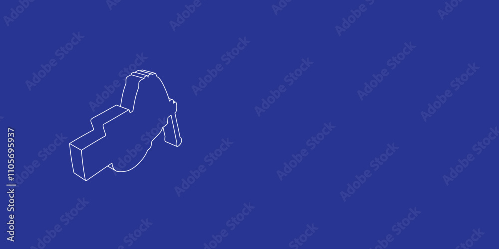 Poster the outline of a large vise symbol made of white lines on the left. 3d view of the object in perspec