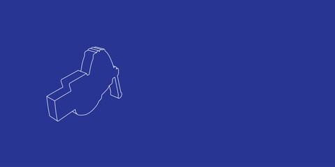 The outline of a large vise symbol made of white lines on the left. 3D view of the object in perspective. Vector illustration on indigo background