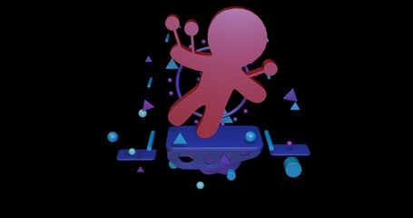 Red Voodoo Doll symbol on a pedestal of abstract geometric shapes floating in the air. Abstract concept art with flying shapes in the center. 3d illustration on black background