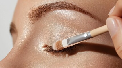 makeup highlighter subtle concept, A close-up of a person applying eyeshadow with a brush, showcasing a flawless makeup look and radiant skin.
